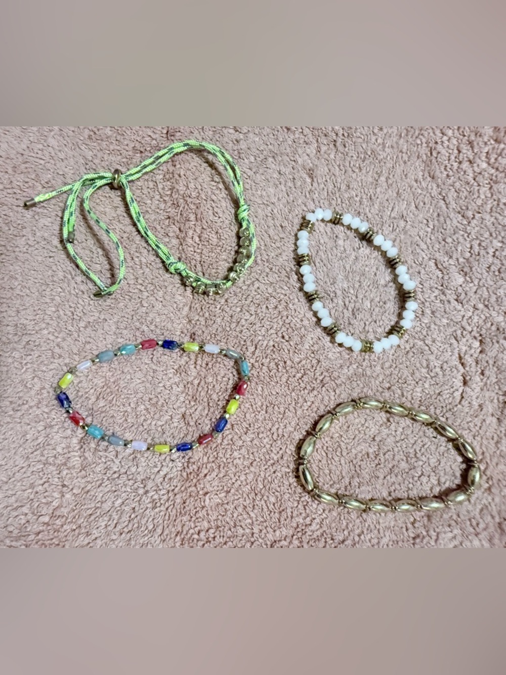 Set of Four Beaded and Metallic Bracelets - Neon Green, Multicolor, White, Gold